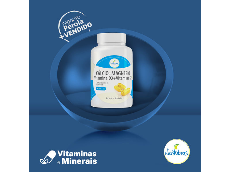 CALCIO + MAGNESIO + VITAMINA D3 + VITAMINA K2 500MG 60CAPS - NATTUBRAS - www.outletsuplementos.com.br